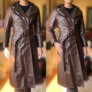 genuine leather vintage chocolate brown trench coat with matching belt